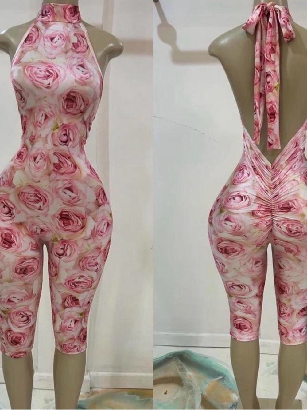 J Lorraine Pink Blossom Rose Print Halter Jumpsuit